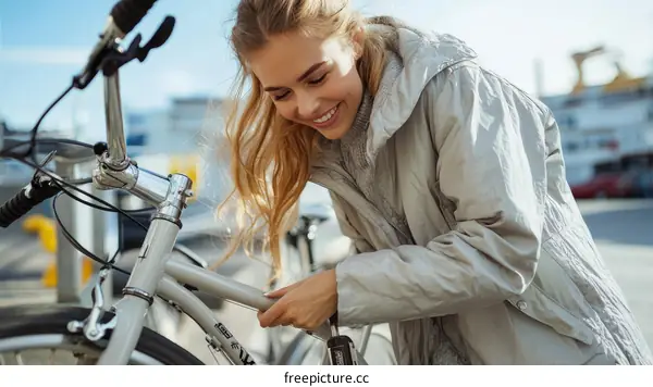 Woman Adjusting Bicycle in City