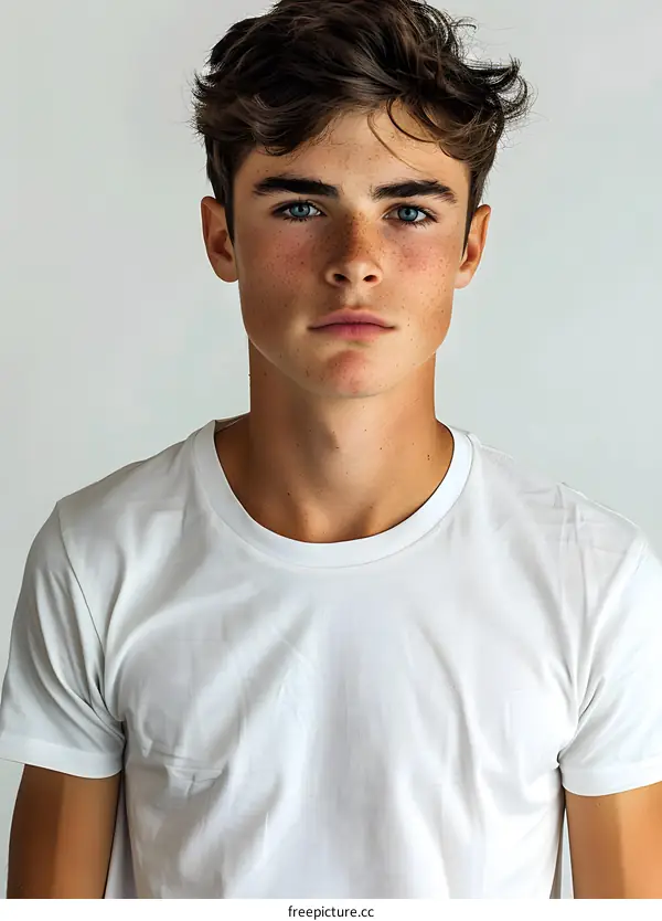 Portrait of a Young Man with Freckles and Blue Eyes