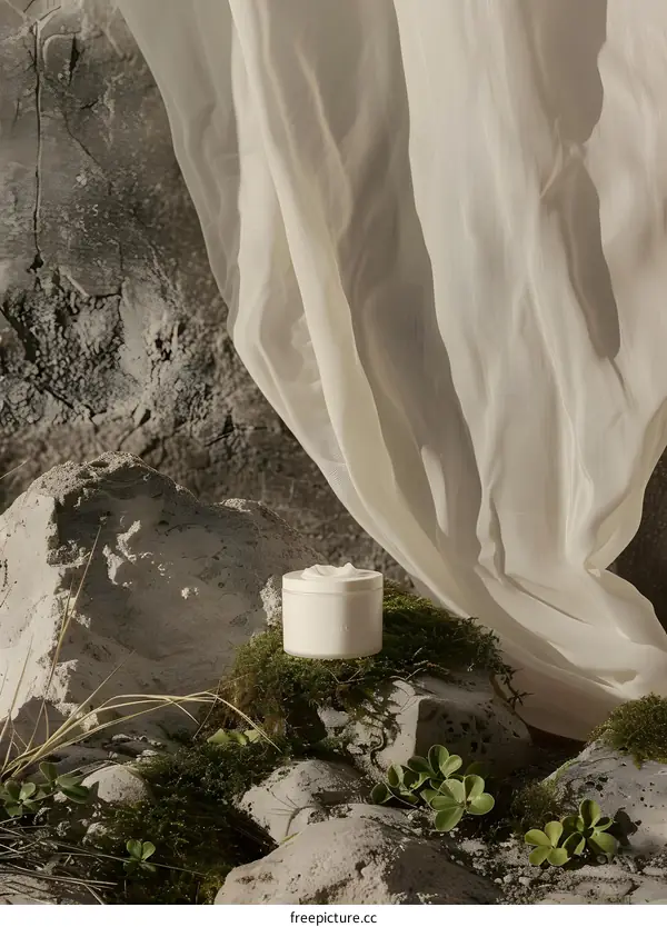 White Cream Jar on Rocks with White Fabric Background
