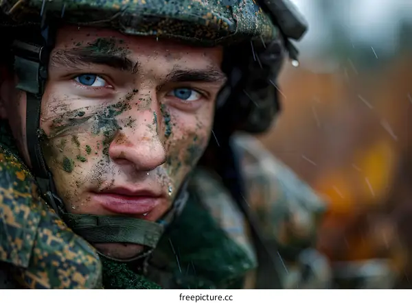 Portrait of a young soldier with blue eyes and a camouflage helmet.
