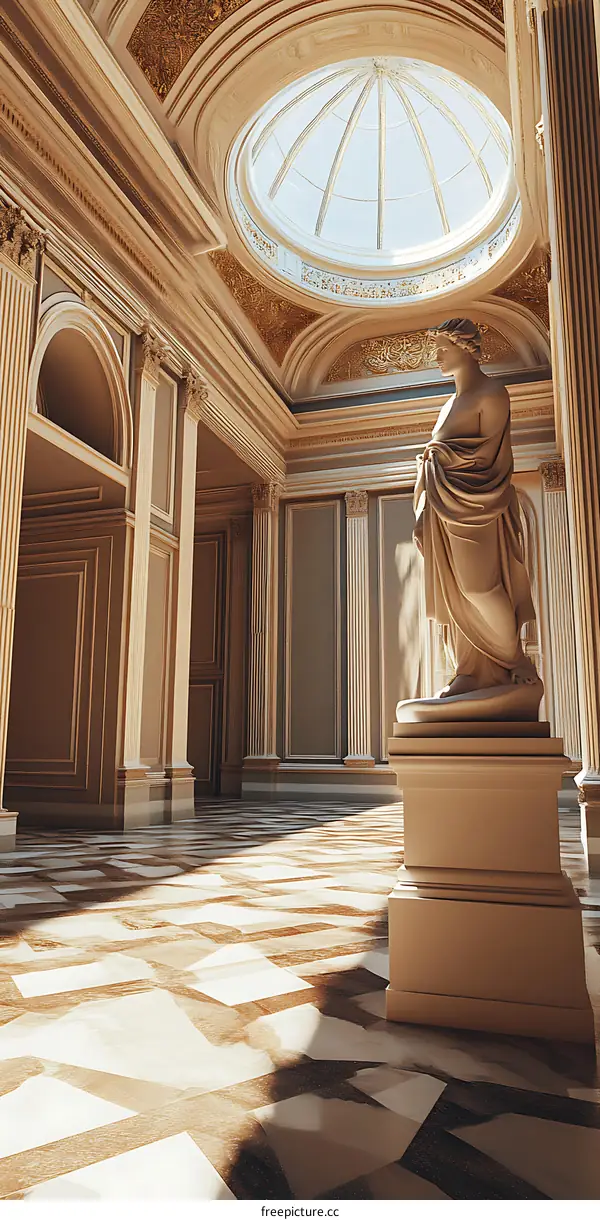 Classical Statue in a Grand Hall with Ornate Ceiling and Geometric Floor