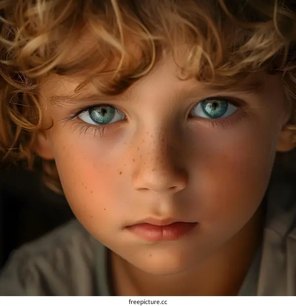 Portrait of a boy with curly blond hair and green eyes