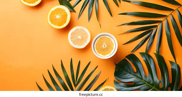 Orange Slices and Tropical Leaves on Orange Background