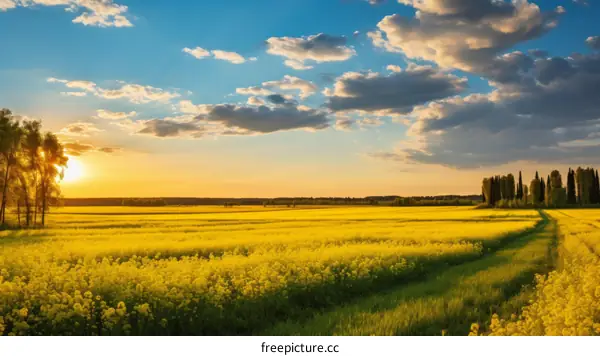 A Beautiful Sunset Over a Field of Yellow Flowers