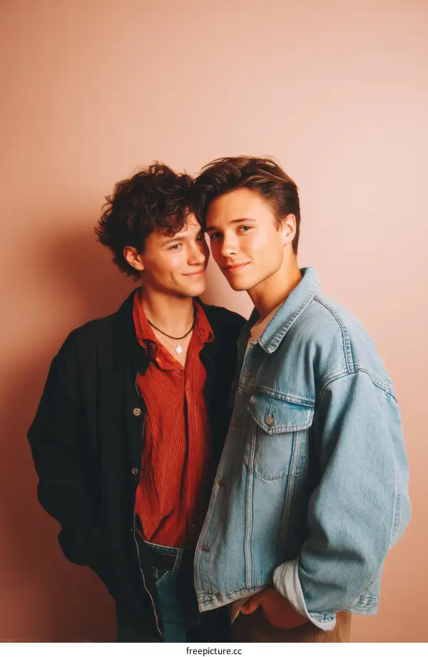 Two Men Posing Against a Soft Pink Background