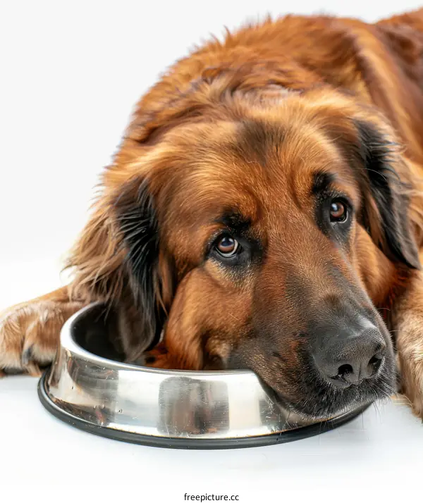 A dog is lying down with its head resting on a metal bowl.