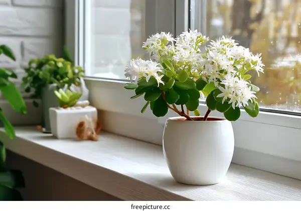 White Flowers Plant on Windowsill