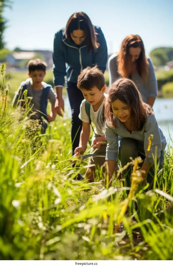 Family of five exploring nature and the great outdoors