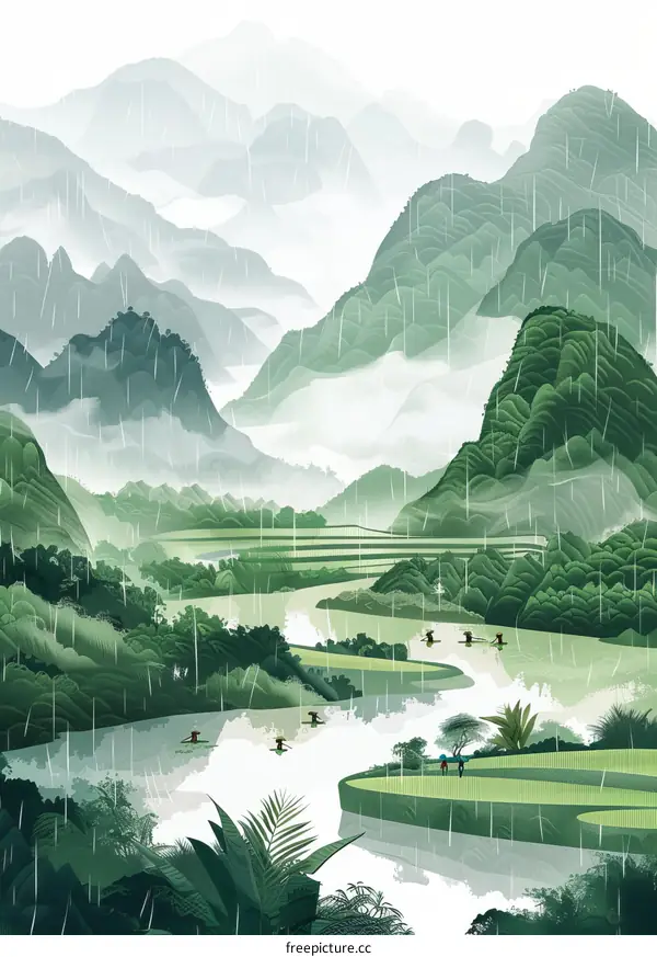 Illustration of a river flowing through a grassy valley