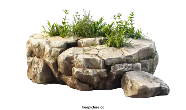 [Transparent Background PNG]3D rendering of a rock with green plants on top of it