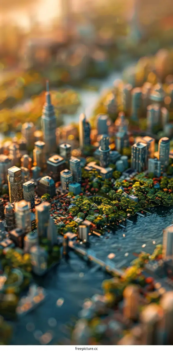 Miniature Cityscape of New York City at Sunrise