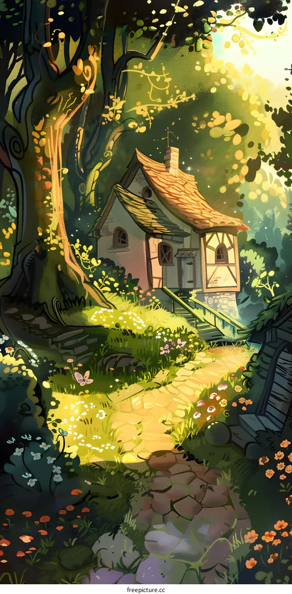 Cottage in a Forest with a Stone Path