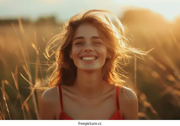 Happy Woman in a Wheat Field at Sunset