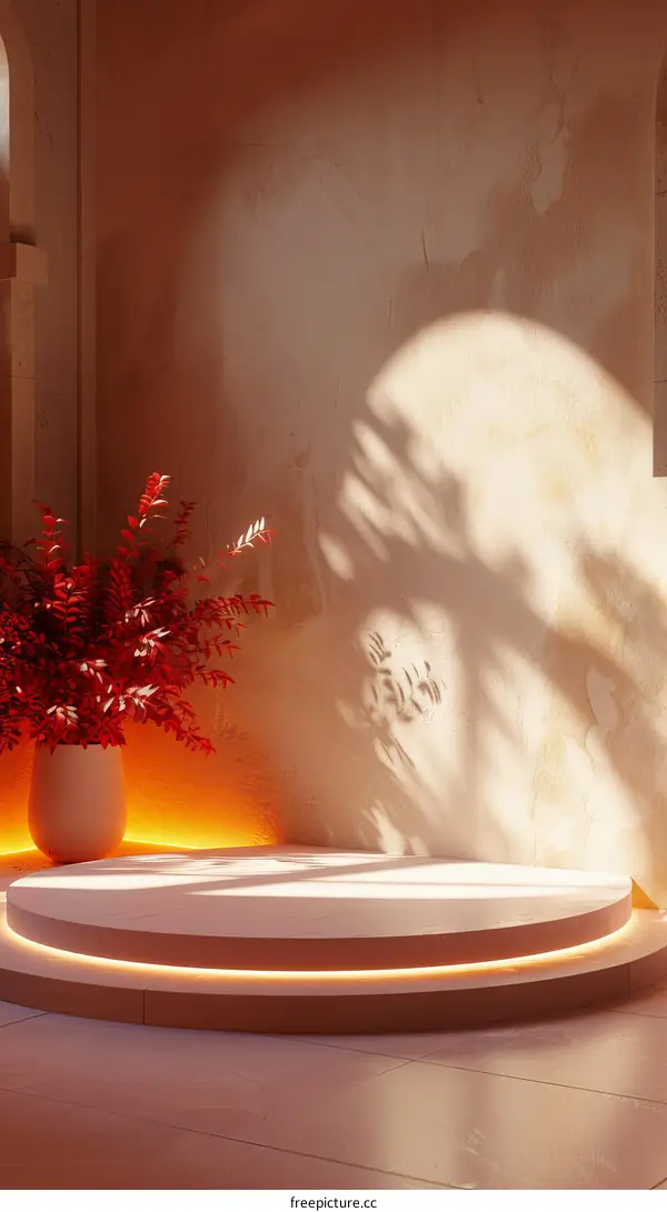 Empty Stage with Warm Light and Red Plants