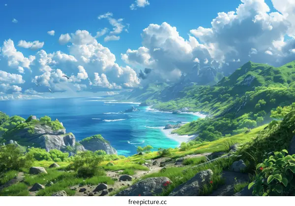 Beautiful Tropical Coastline With Lush Green Mountains and Blue Sky