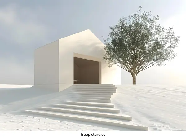 Minimalist White House with Steps and a Tree
