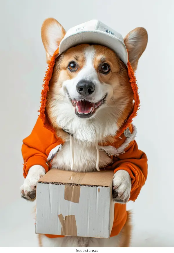 An adorable corgi puppy in an orange hoodie and a white cap holds a cardboard delivery box in its paws
