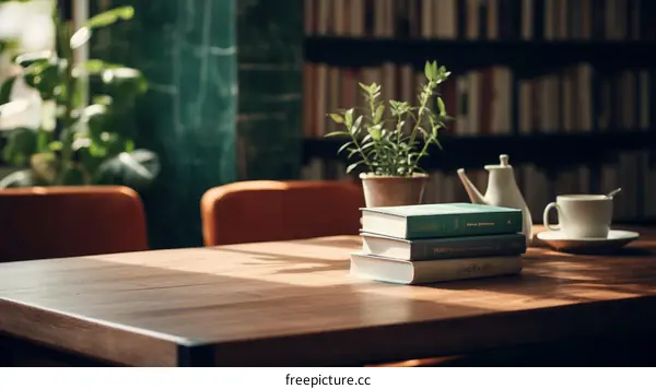 Serene Library Corner with Books, Plants, and Sunlight