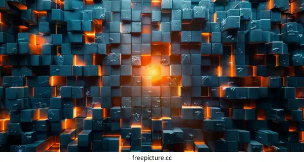 Abstract geometric composition of glowing blue and orange cubes