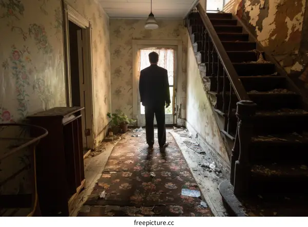 Silhouette of a Man Standing in a Run Down Foyer
