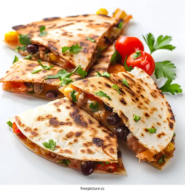 Delicious quesadillas with meat, vegetables, cheese, and herbs