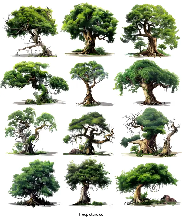 Collection of 12 Detailed Tree Illustrations