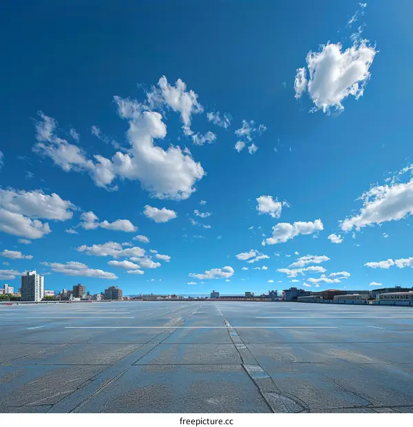 Empty Parking Lot Bathed in Sunlight with Blue Sky and White Clouds