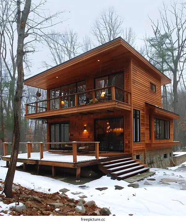 Modern Wooden Cabin in the Snowy Woods