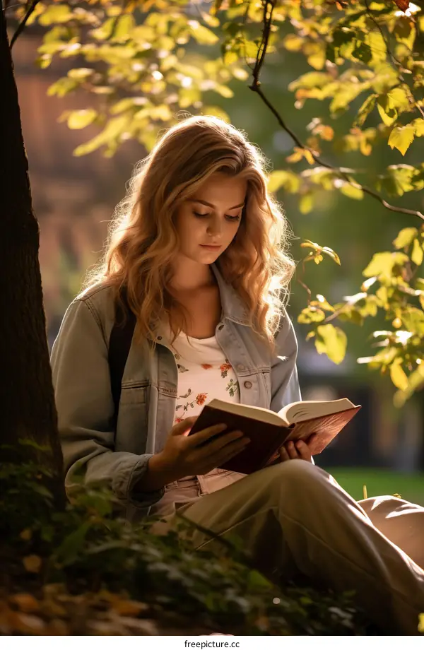 Young woman reading a book in the park