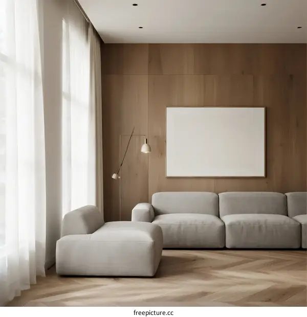 Modern minimalist living room with neutral sofa and wooden wall