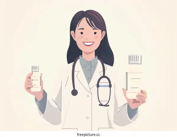 A female doctor in a lab coat is holding two bottles of medicine