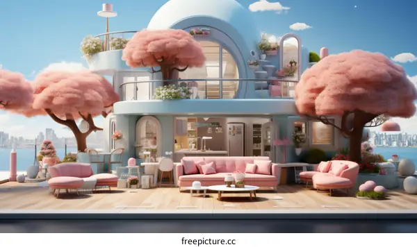 pink house with pink trees and blue sky