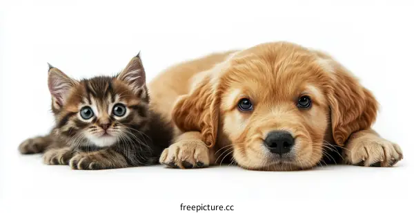 Adorable Kitten and Puppy Laying Side by Side