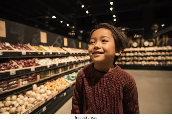 Smiling Child in a Grocery Store