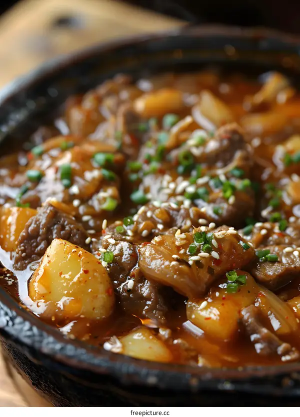Close Up of Beef Stew with Potatoes and Sesame Seeds