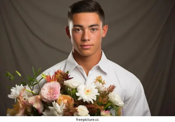 Young man holding a bouquet of flowers