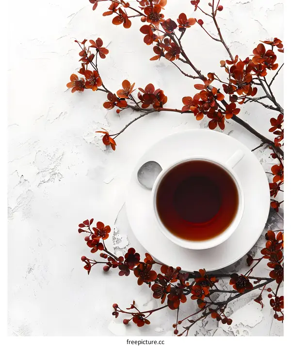 A Cup of Tea with Red Flowers on a White Background