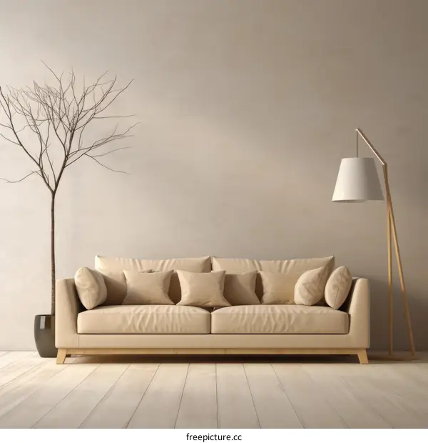 Minimalist Living Room with Beige Sofa and Greenery