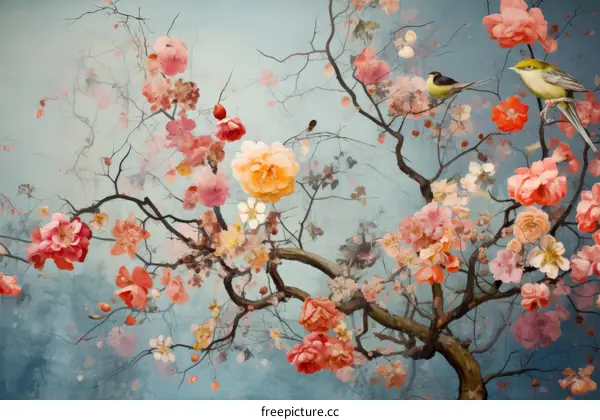 A painting of a cherry blossom tree with two birds