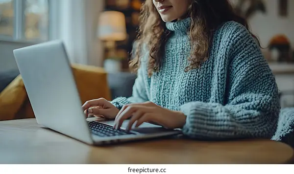 Woman Working on Laptop at Home