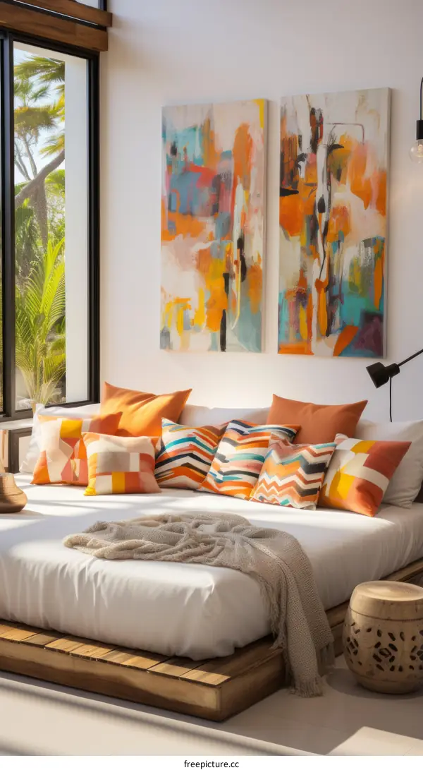 Vibrant bedroom interior with two paintings above the bed