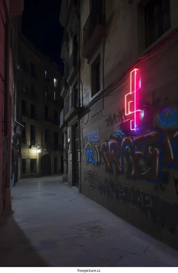 Barcelona alley with graffiti and pink neon sign at night