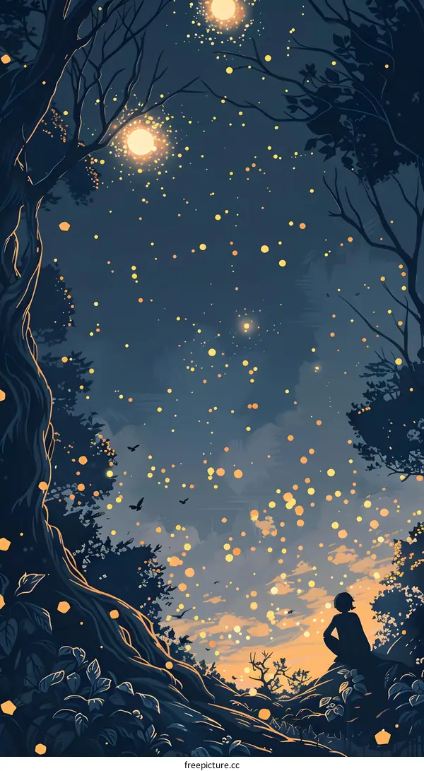 Silhouette of a Person Sitting in a Forest Looking at the Sky Full of Fireflies