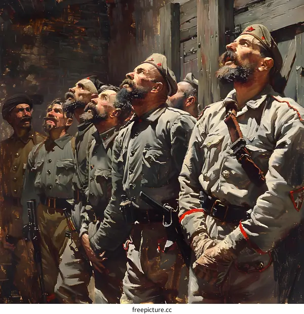 A group of soldiers looking up at an airplane