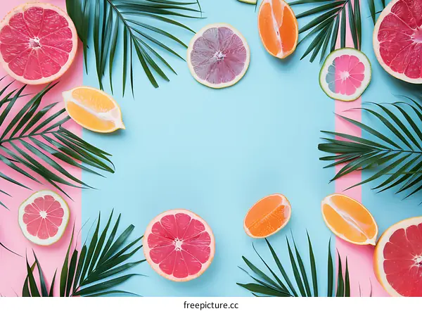 Tropical Fruits and Palm Leaves on Blue and Pink Background