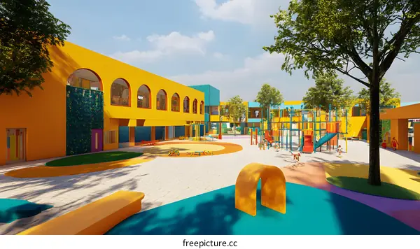 Colorful Modern School Playground with Kids