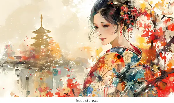 Japanese Woman in Traditional Kimono with Pagoda in the Background