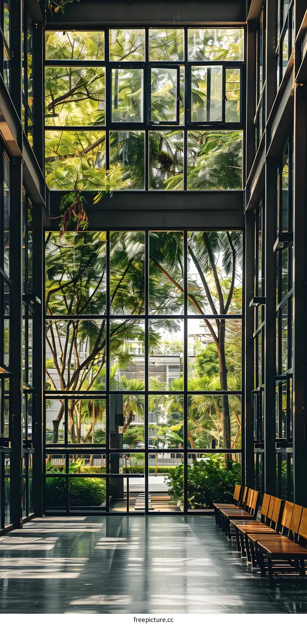 Large Window View of Trees and Greenery in Building