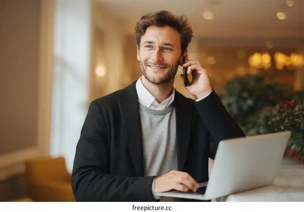 Caucasian Man Talking on Phone in Cafe