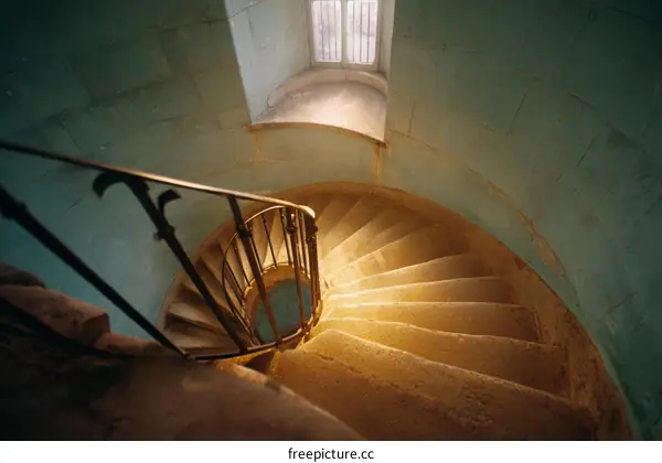 Spiral Staircase in Ancient Building with Sunlight